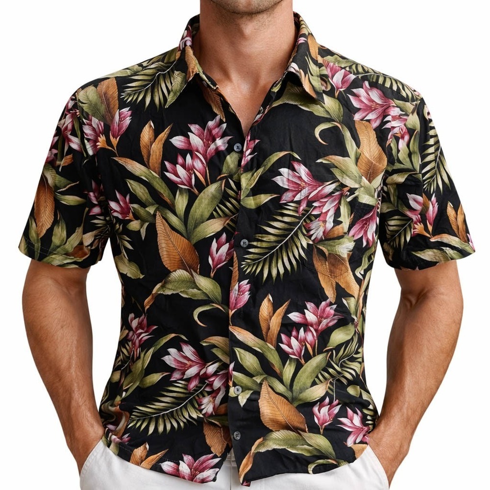 Tori Richard Hawaiian Aloha Shirt XL Tropical Leaves Floral Black Green‎